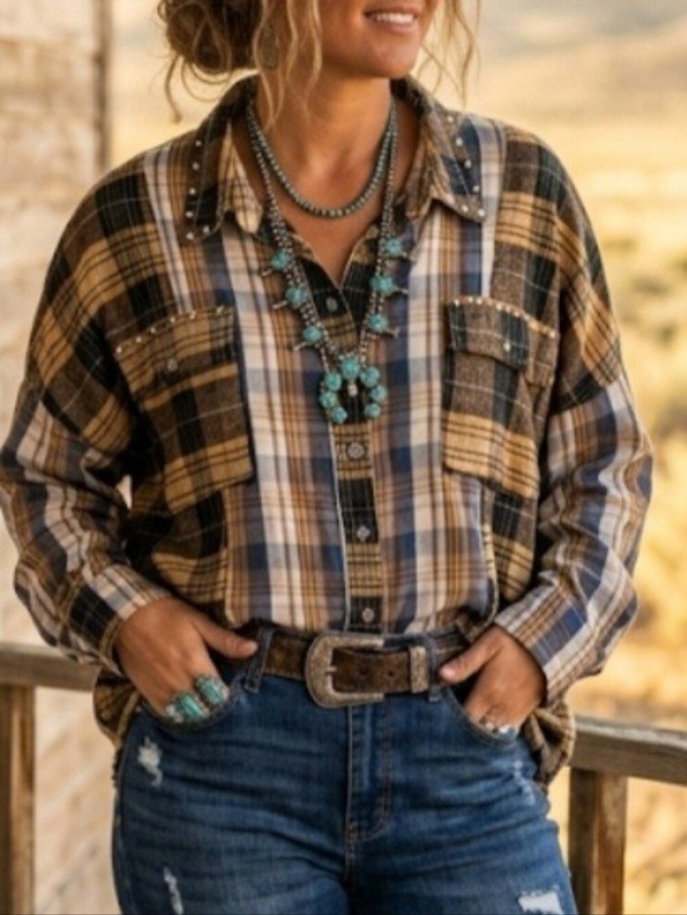 POL Flannel Long Sleeve Button-Up Oversized Shirt Mixed- Media Western
